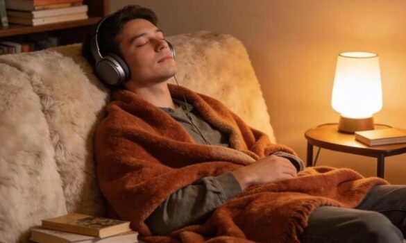 Audiobook listening guide with headphones and mobile app